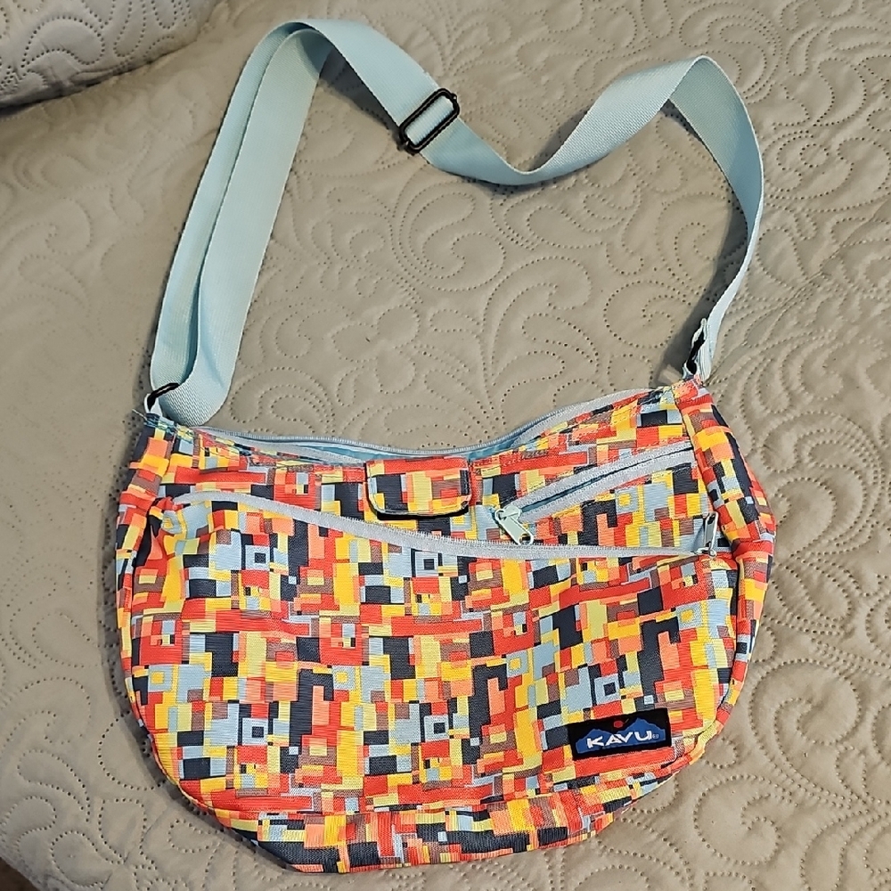 Kavu Sydney Satchel  With a Semi-Circular Hobo Design In Orange/ Blue Mosiac
